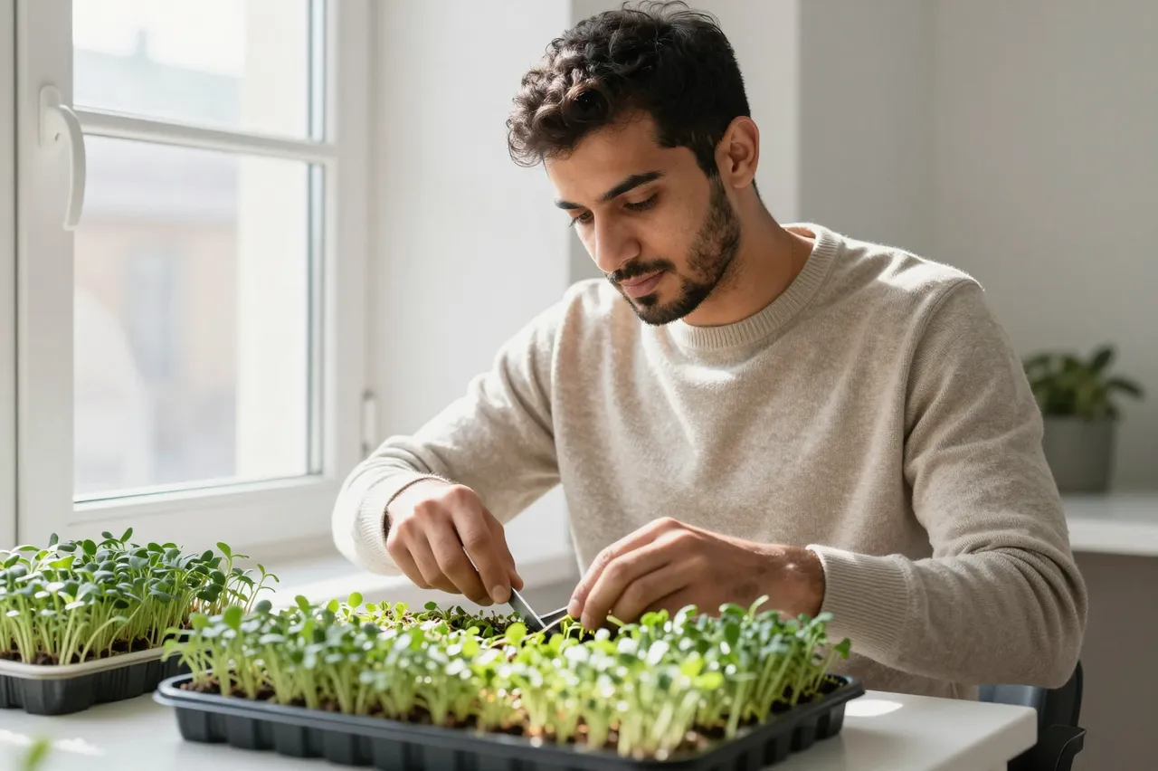 A late twenties Middle Eastern man trims microgreen trays on a sunlit indoor windowsill.