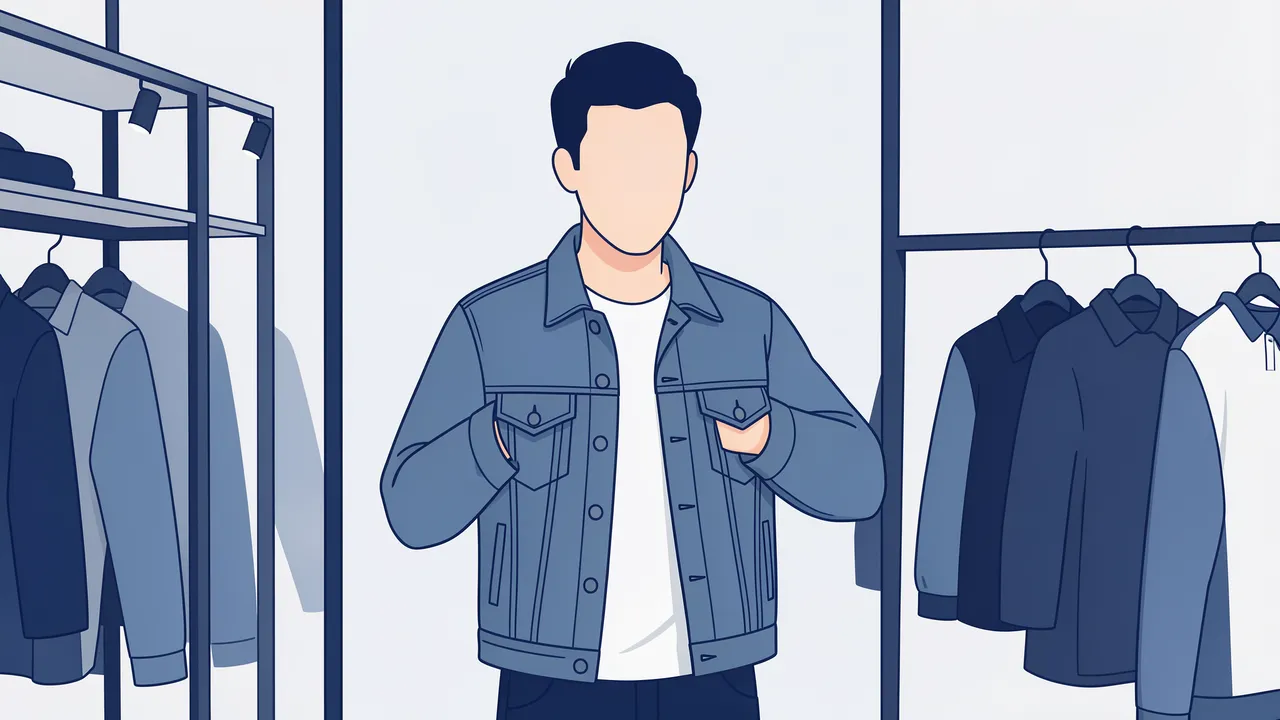 Faceless young man tries on an indigo denim jacket in front of a shop mirror between clothing racks.