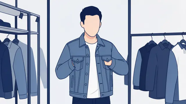 Faceless young man tries on an indigo denim jacket in front of a shop mirror between clothing racks.