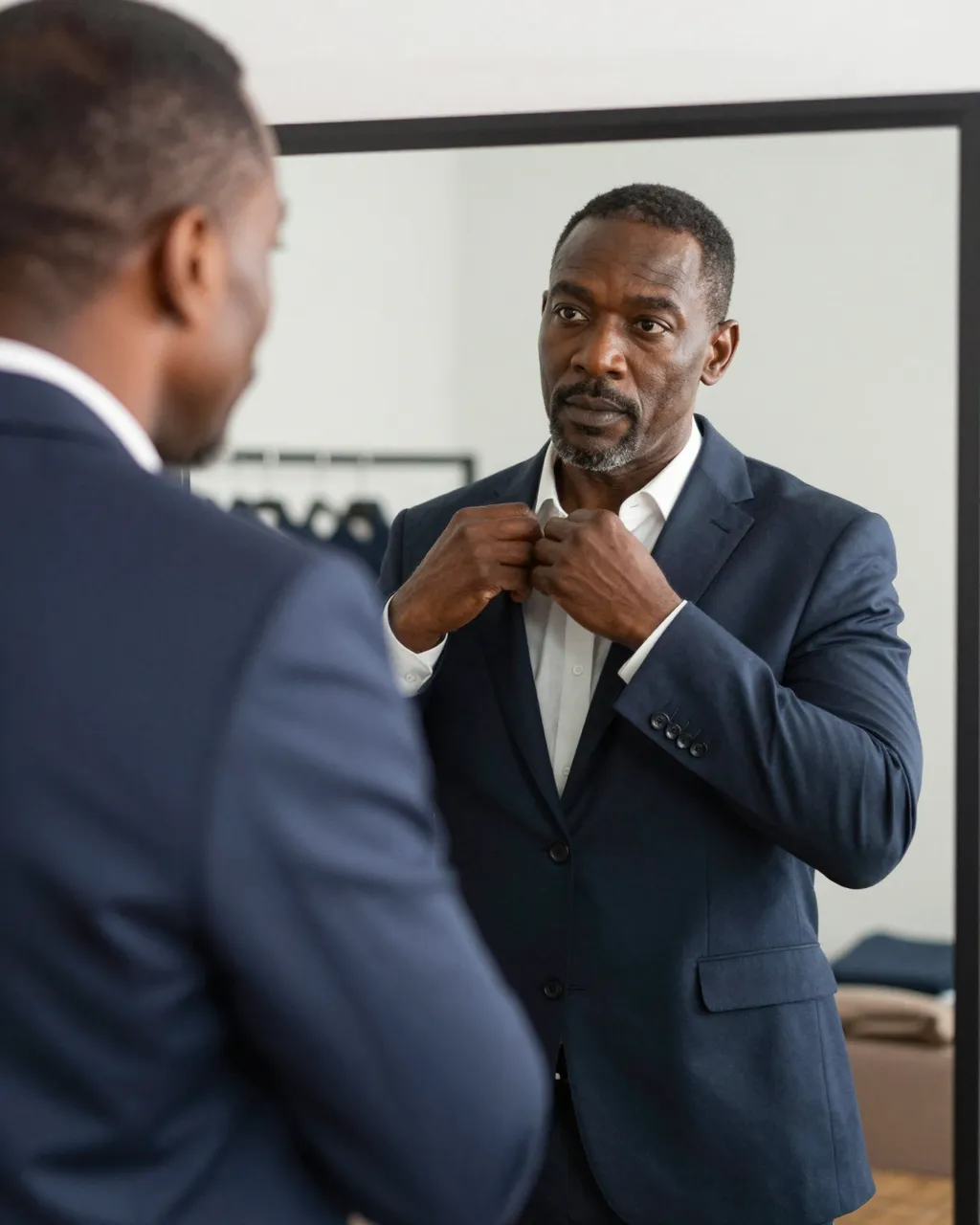 A man in his fifties adjusts his shirt while looking at his reflection in a boutique mirror.