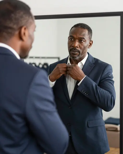 A man in his fifties adjusts his shirt while looking at his reflection in a boutique mirror.