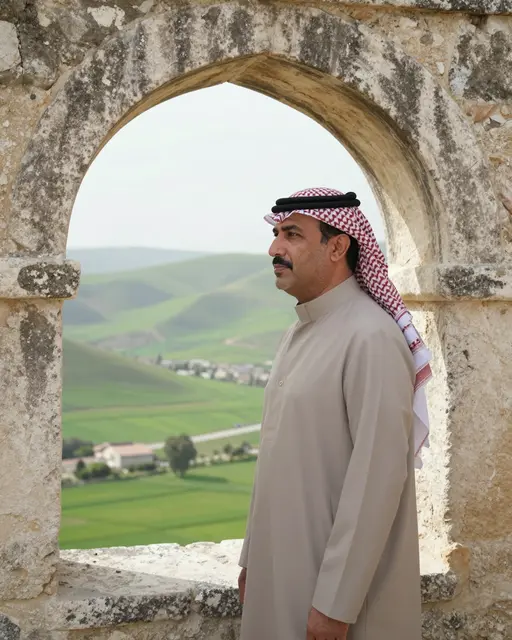 Middle Eastern man in traditional attire stands under an old stone arch looking out over a green rolling valley