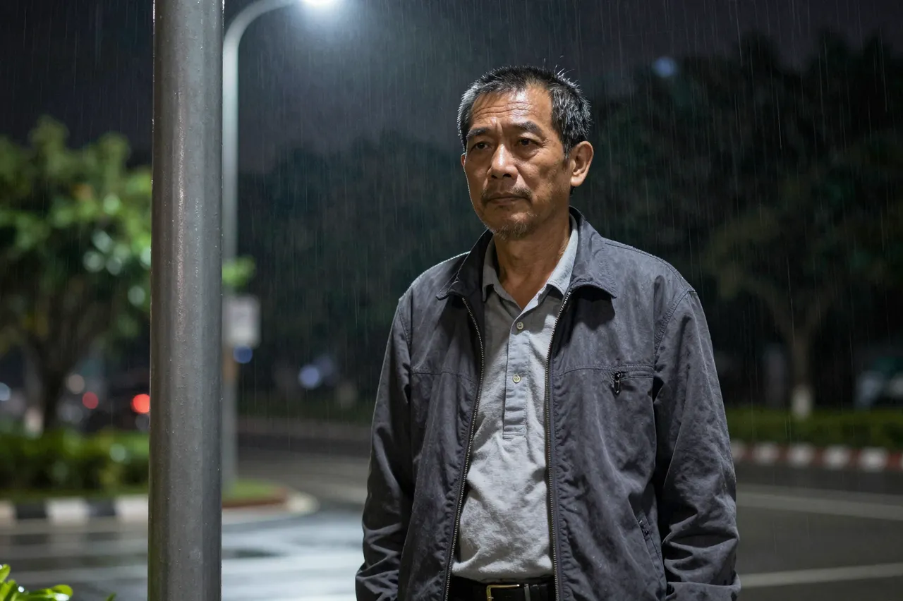 A thoughtful senior Southeast Asian man stands alone under a lit streetlamp during nighttime rain on a wet road.