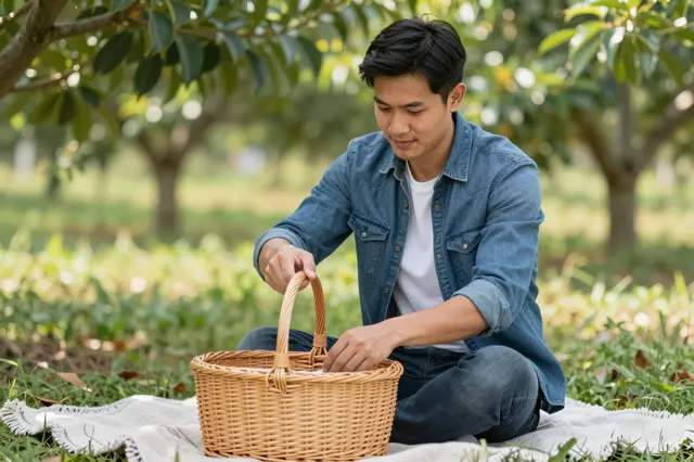 A young Southeast Asian man sits on a blanket under orchard trees reaching into a wicker picnic basket
