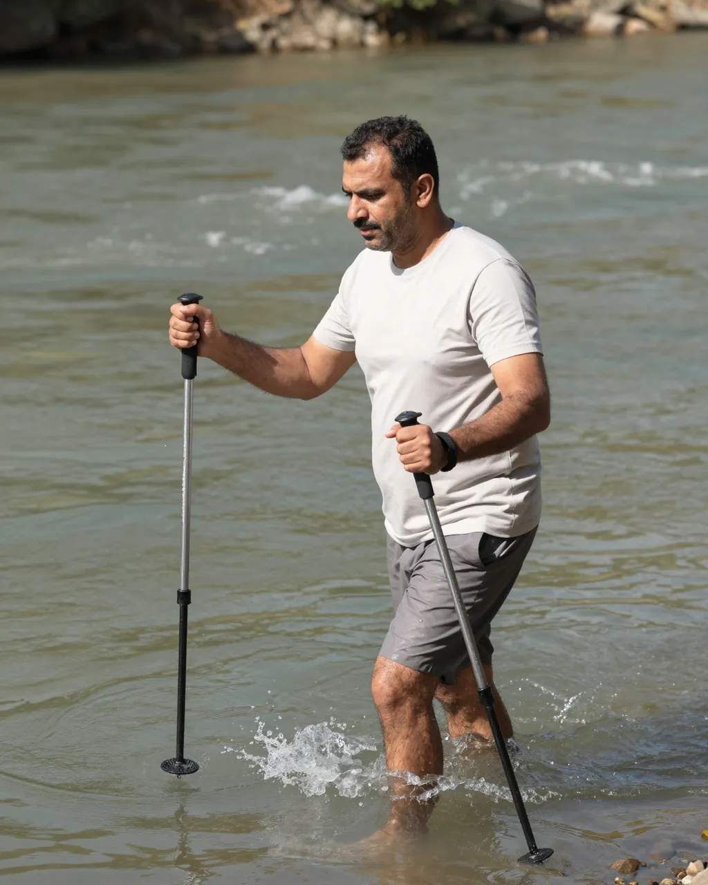 Middle Eastern man in his forties uses trekking poles to wade through a shallow sunlit river