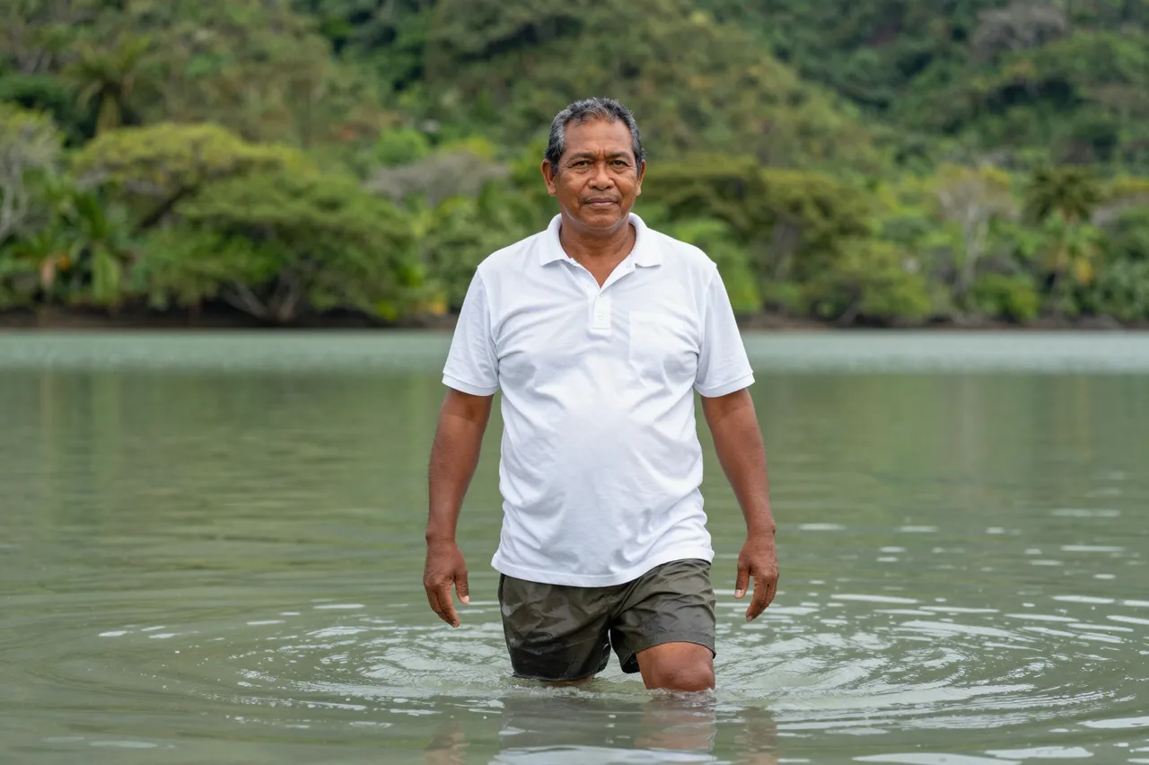 A middle aged Pacific Islander man wades knee deep in a calm green tropical lagoon with forested hills behind him