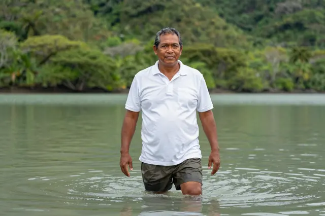 A middle aged Pacific Islander man wades knee deep in a calm green tropical lagoon with forested hills behind him