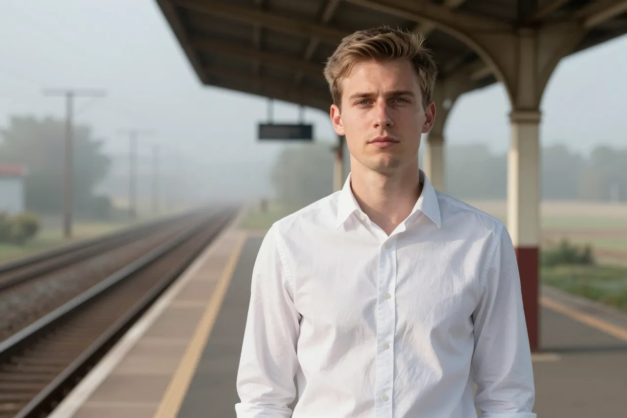A young man in a white shirt stands on a foggy rural train platform at dawn