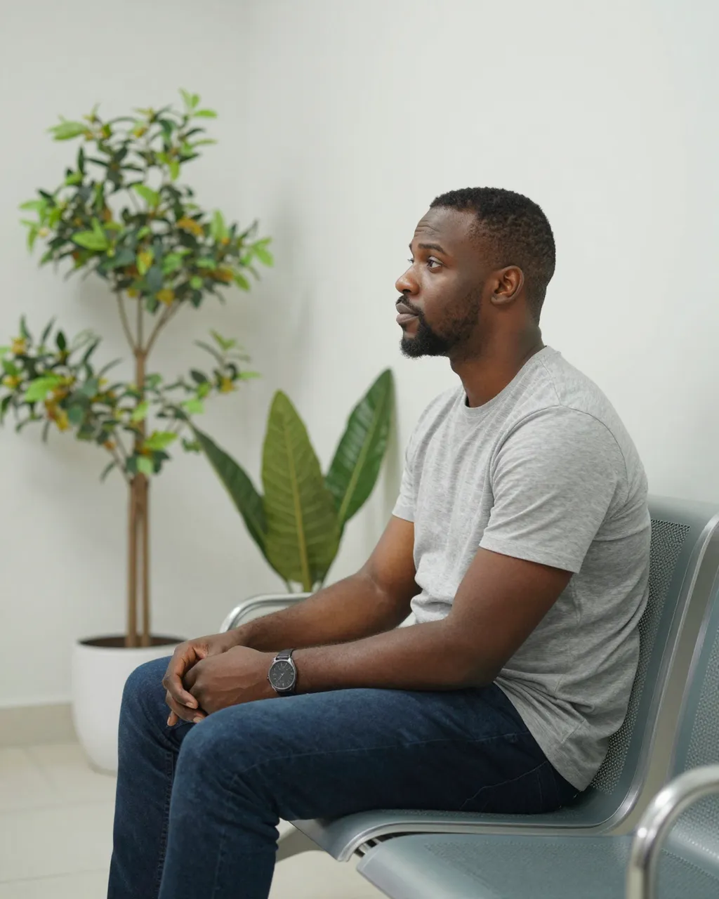 Side view of a Black man in his forties sitting alone on a clinic waiting room chair next to potted plants