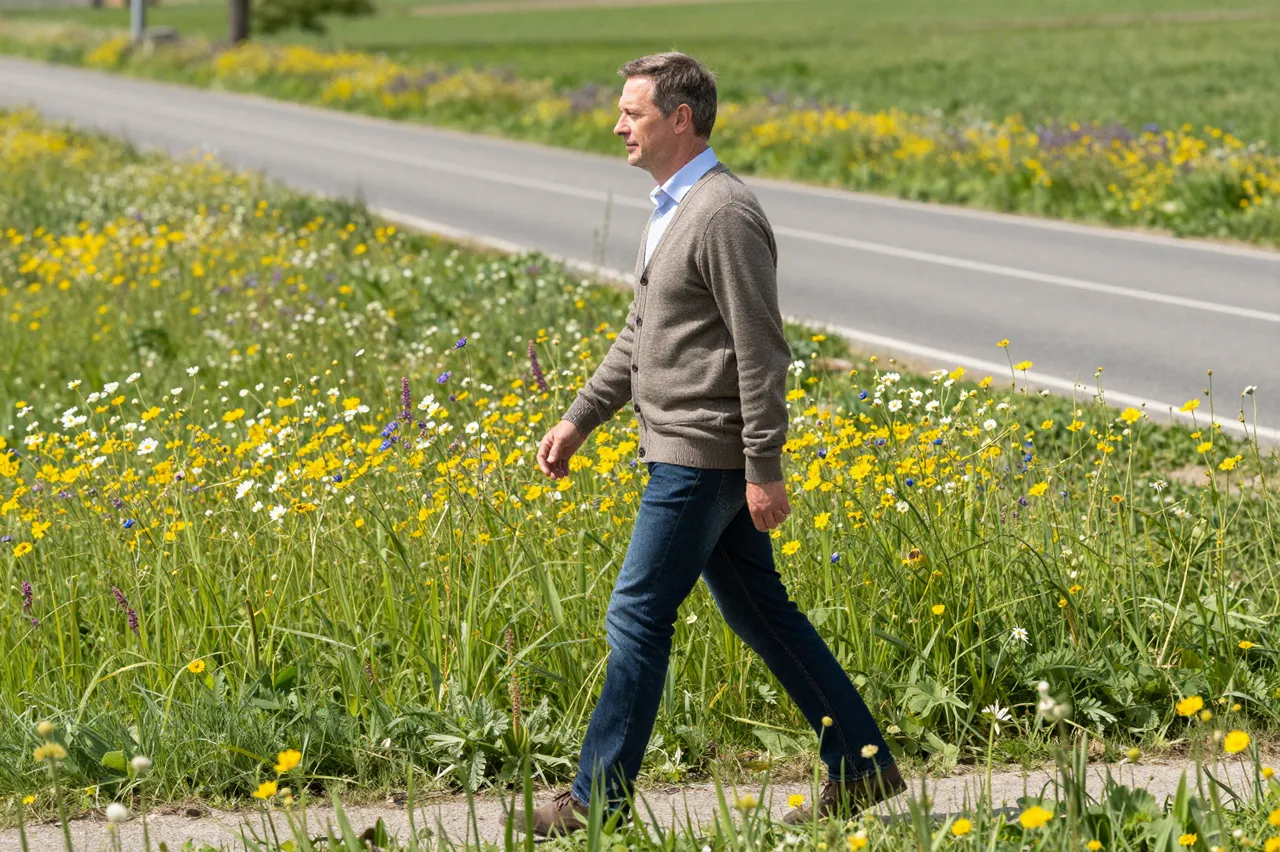 A middle aged man in a cardigan walks across a wildflower verge beside a quiet rural road in side view