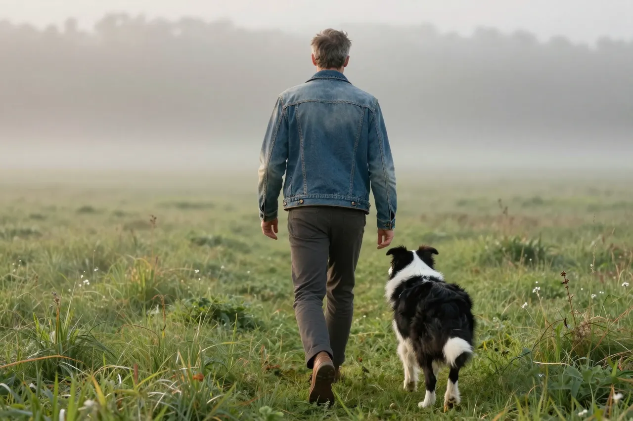 A man in a denim jacket walks beside a border collie through a misty grassy meadow at sunrise