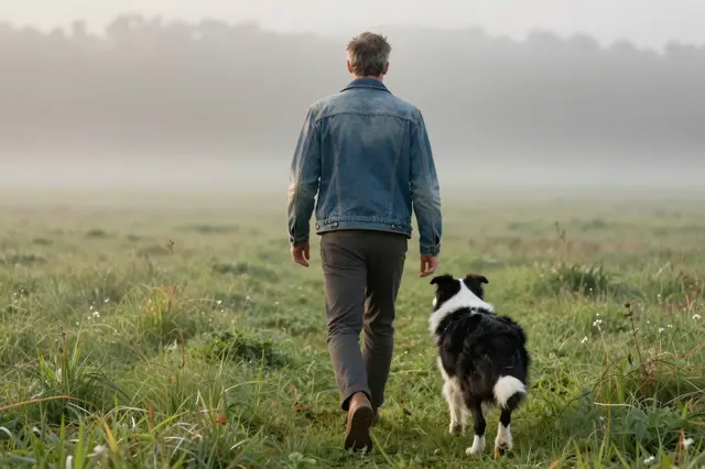 A man in a denim jacket walks beside a border collie through a misty grassy meadow at sunrise