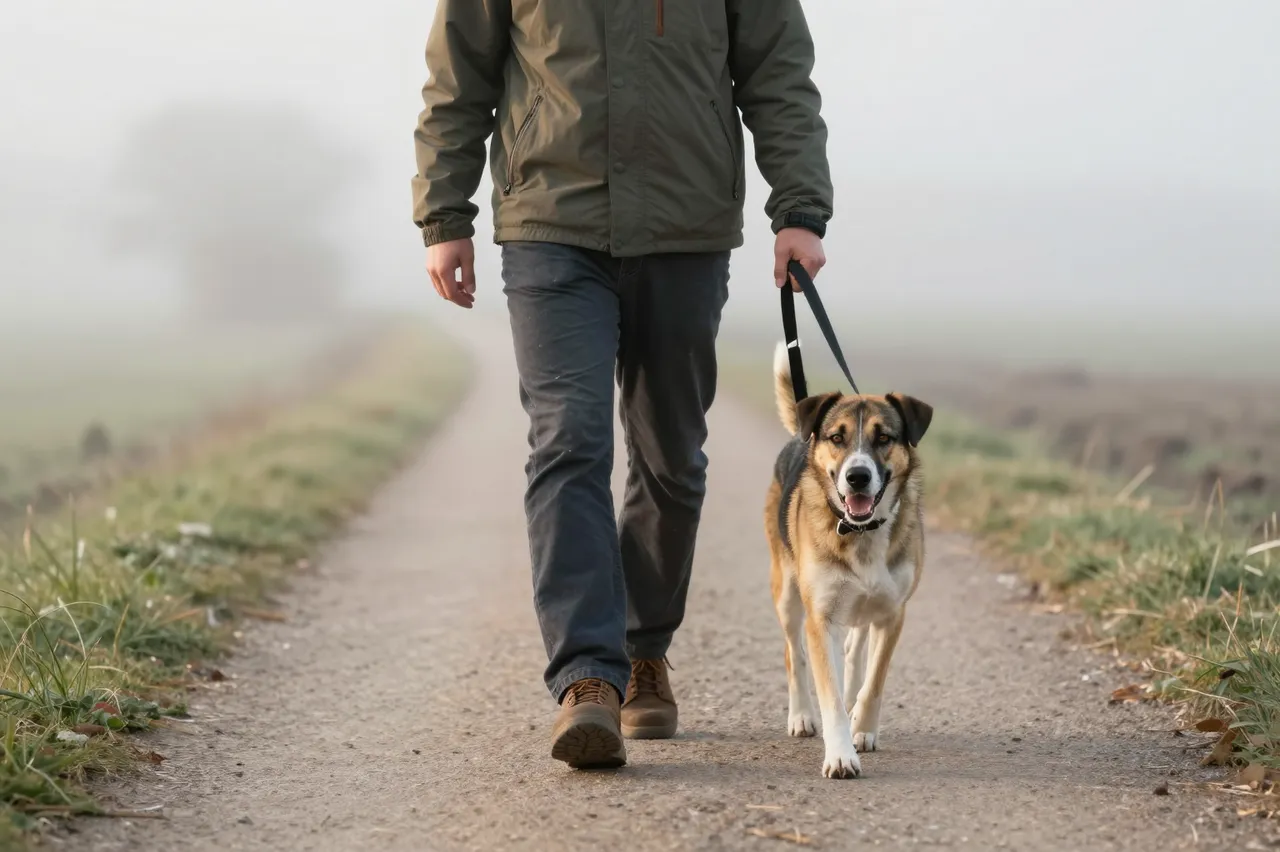 An adult man walks a leashed mixed breed dog along a narrow dirt path in thick morning fog