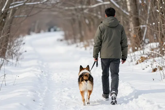 Rear view of an adult man walking a leashed dog along a snow-covered winter forest trail
