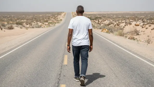 A man seen from behind walks alone down an empty paved desert road toward the horizon