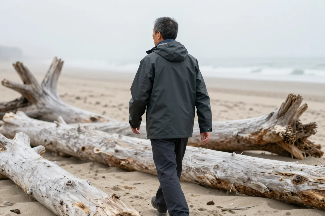 Seen from behind, an older East Asian man in a rain jacket walks past driftwood on a foggy sandy beach