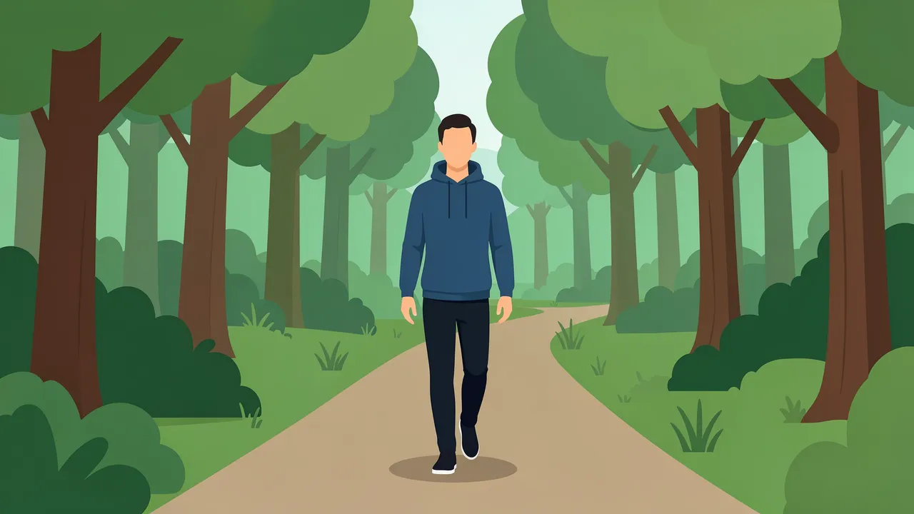 A faceless man walks alone along a calm dirt path through a green forest