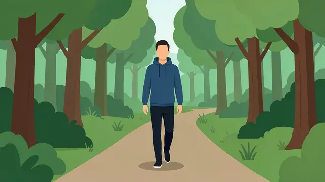 A faceless man walks alone along a calm dirt path through a green forest