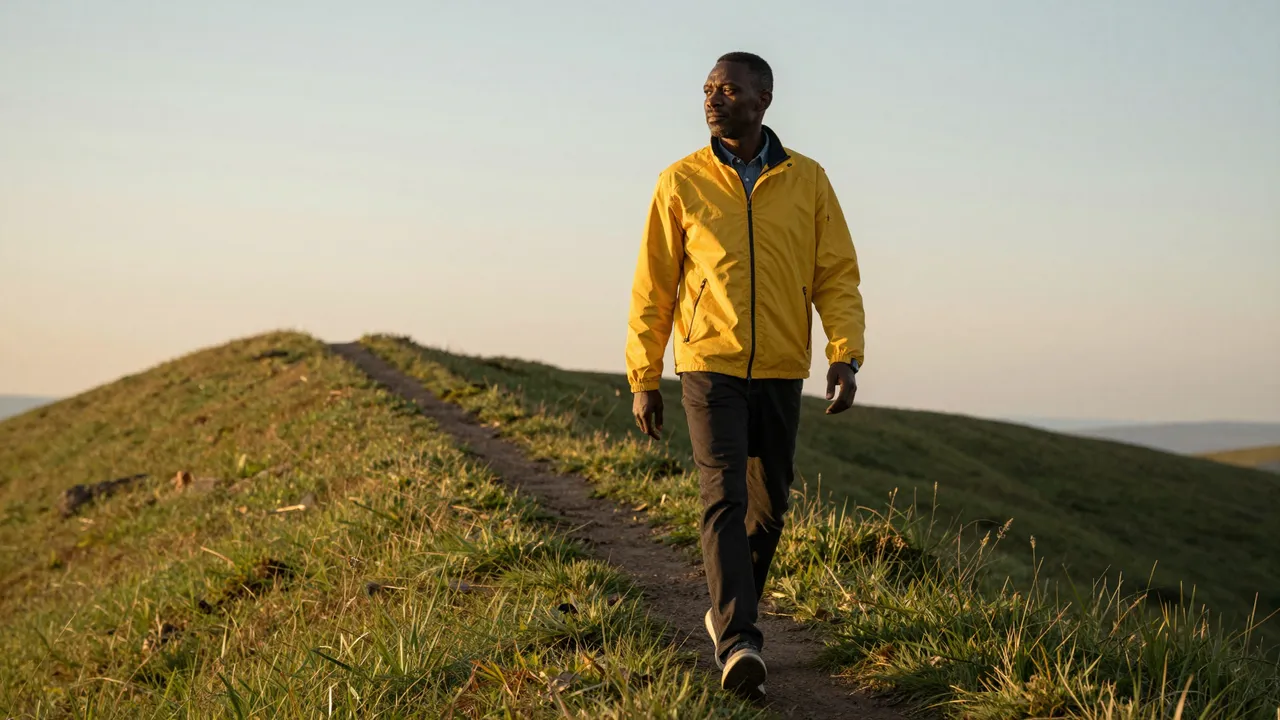 A Black man in a yellow jacket walks along a narrow grassy hill path at golden hour