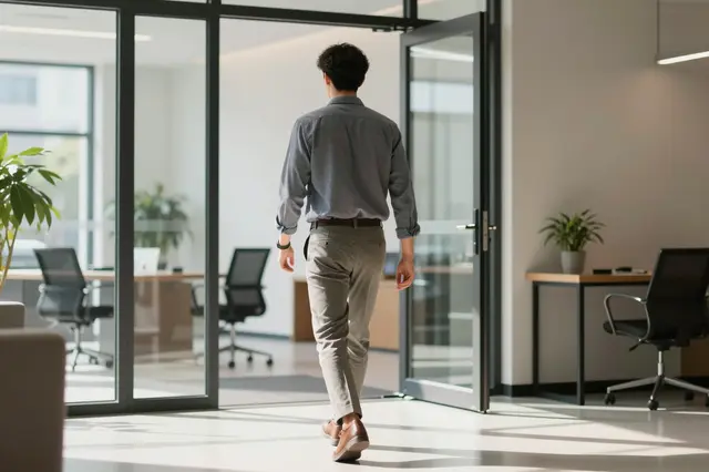 A man in business casual clothing walks from behind into a bright modern office lobby