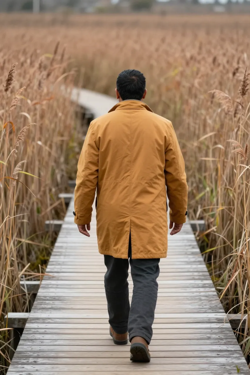 A man in a mustard coat walks away from the camera along a wooden boardwalk through marsh reeds.