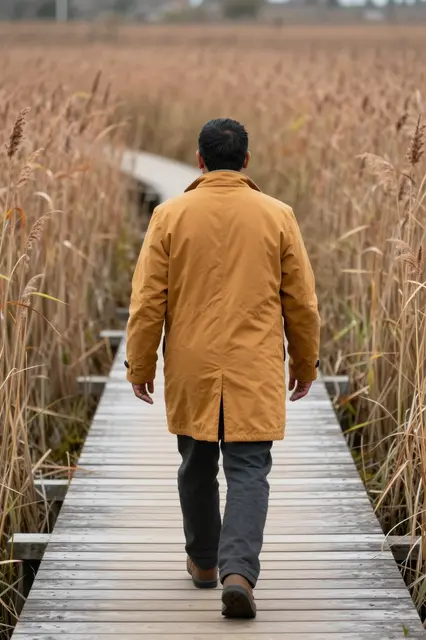 A man in a mustard coat walks away from the camera along a wooden boardwalk through marsh reeds.