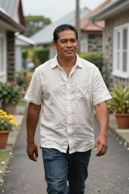 Pacific Islander man in a linen shirt walks along a narrow residential alley lined with potted plants