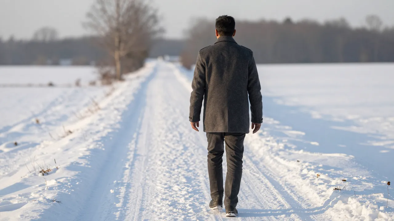 A man in a gray wool coat walks away from the viewer down a snow covered rural road at dawn