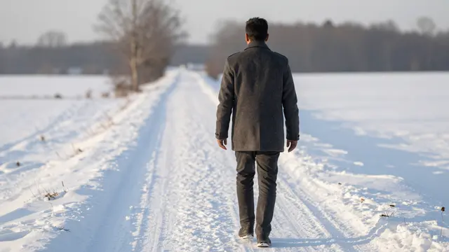 A man in a gray wool coat walks away from the viewer down a snow covered rural road at dawn