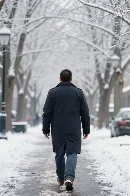 A man in a long dark coat walks away from the camera down a snow-covered tree lined park path