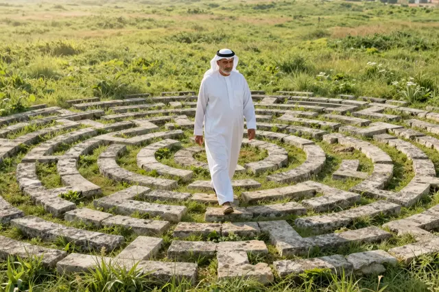 Older Middle Eastern man walks a circular stone labyrinth in a sunlit summer meadow at sunrise