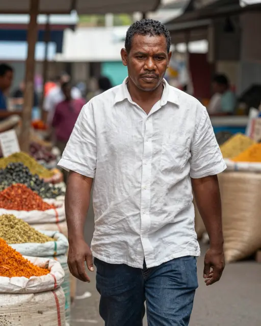A middle aged man in a linen shirt walks through a busy outdoor spice market lined with produce sacks