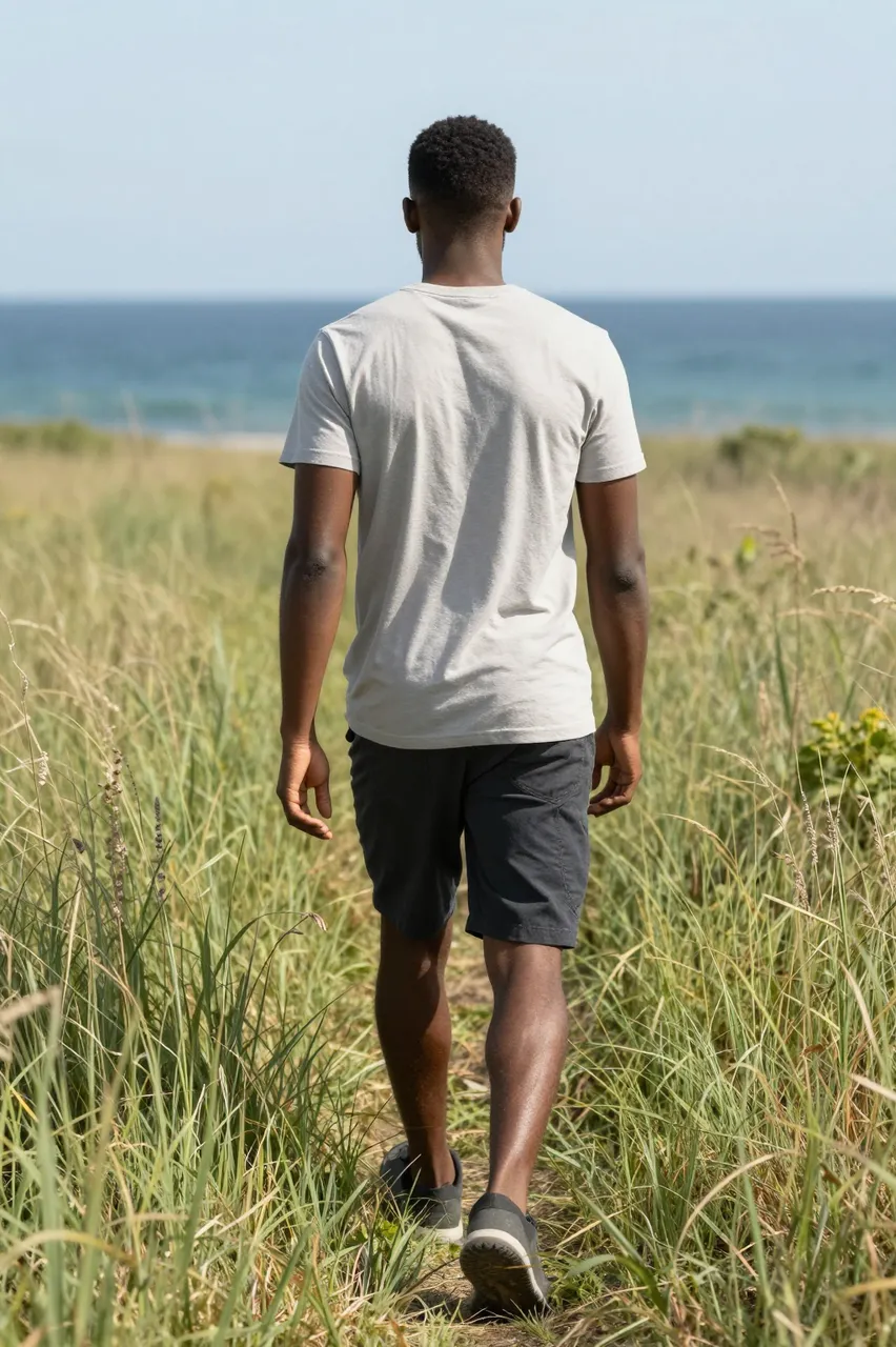 A Black man viewed from behind walks through tall coastal grass toward the calm ocean.