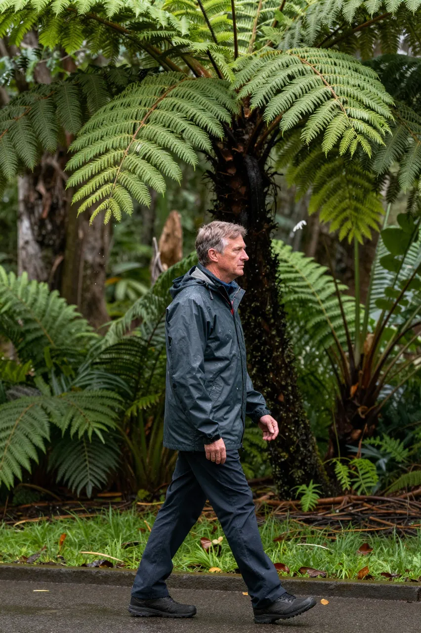 Side view of a man in a rain jacket walking along a wet path beneath giant tree ferns