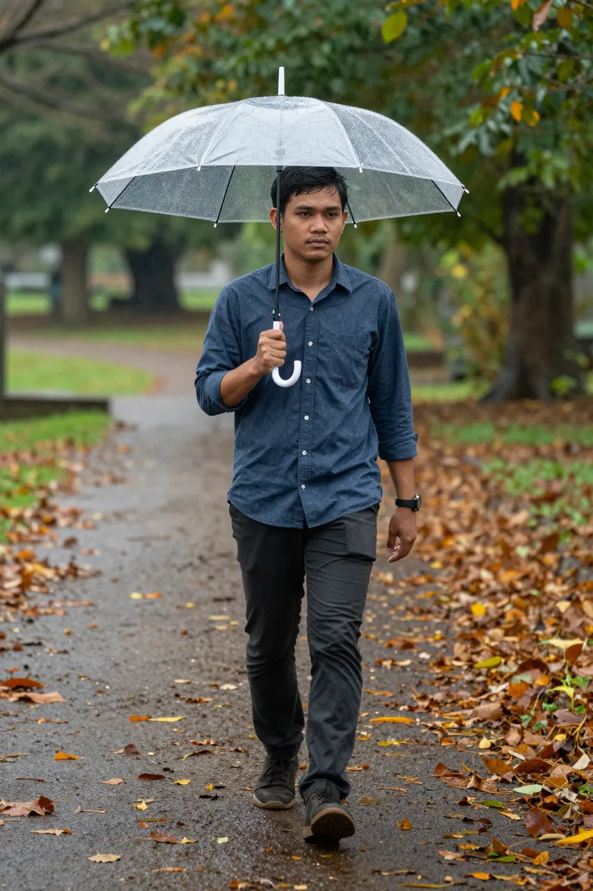 A Southeast Asian man walks along a wet leaf-strewn park path holding a clear umbrella in light rain