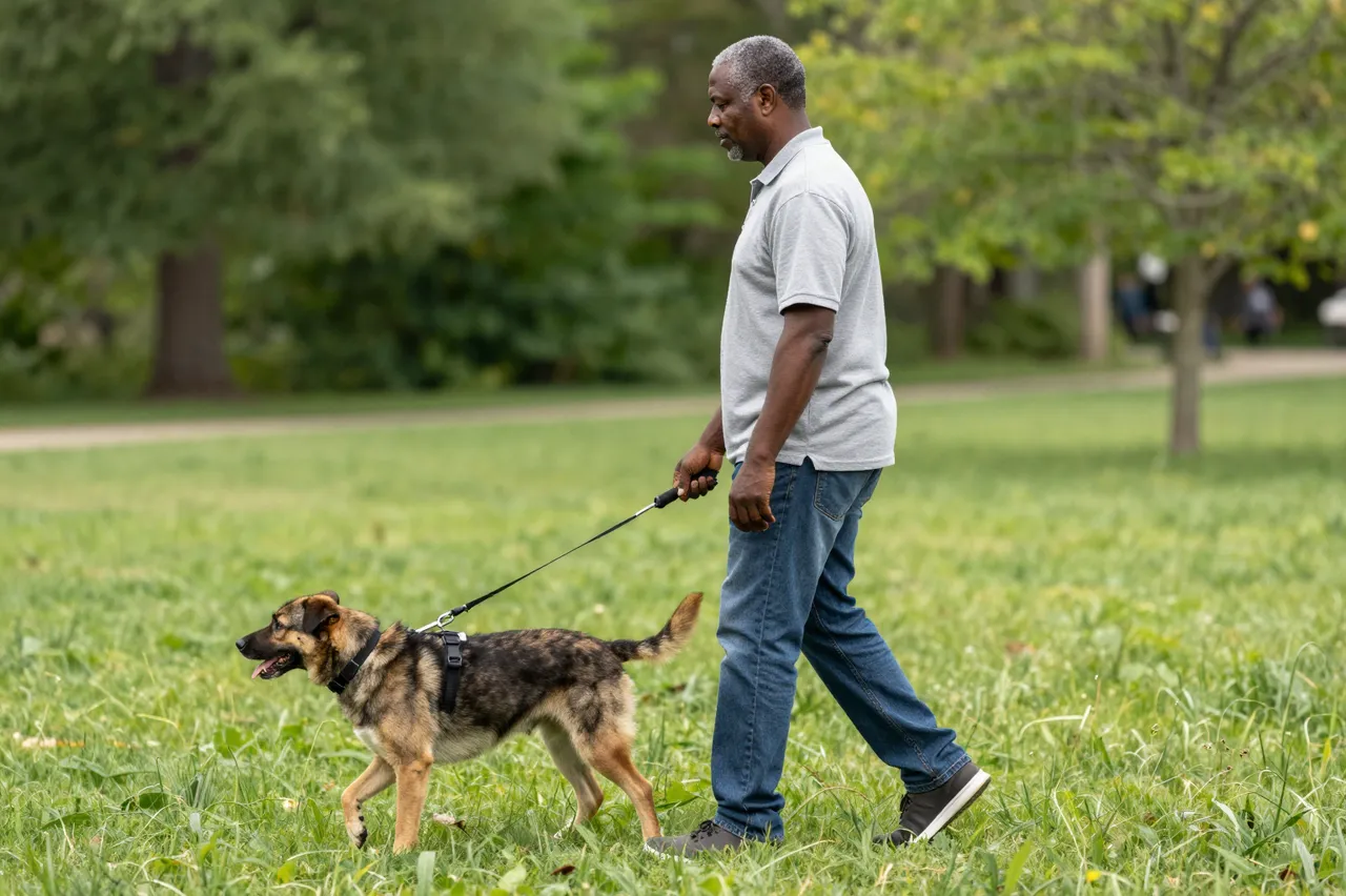 Side view of a middle-aged Black man walking through a green grassy park alongside his guide dog.
