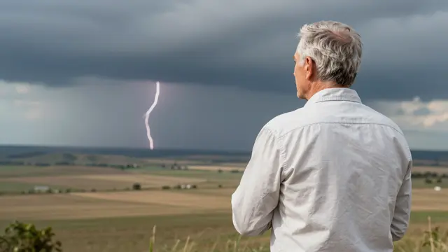Rear view of an older man standing on a hilltop watching lightning strike over a rural plain