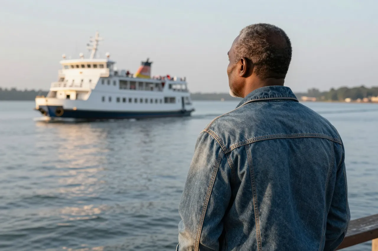 Senior Black man in a denim jacket stands on a pier watching a ferry move across calm water at dusk