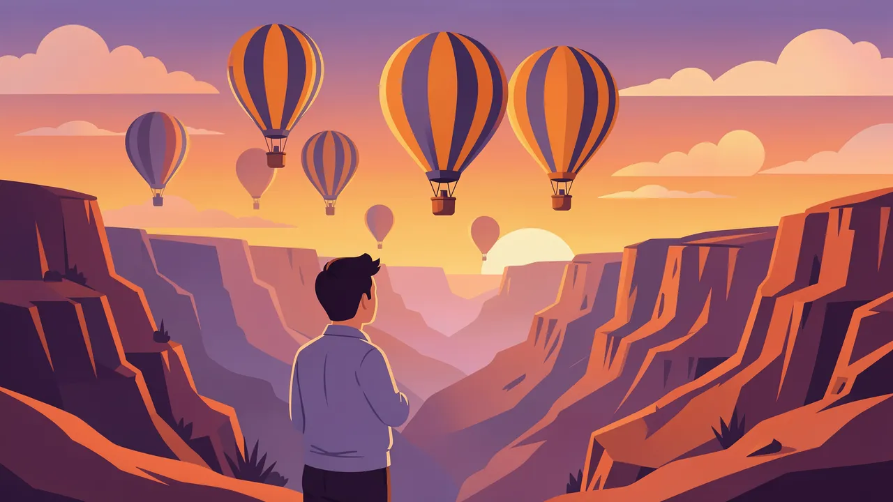 A faceless man stands on a canyon rim watching hot air balloons rise at dawn