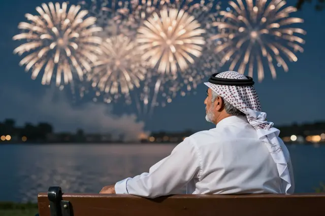 Older Middle Eastern man sits on a lakeside bench watching golden New Year fireworks explode at dusk