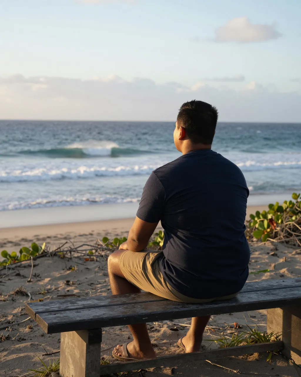 A man viewed from behind sits on a beach bench watching rolling ocean waves at sunrise.