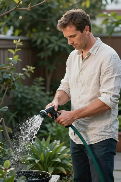 A middle aged man in a linen shirt waters his small garden with a hose at dusk