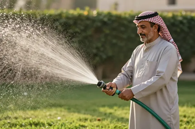 Older Middle Eastern man waters a grass lawn with a garden hose as sparkling water sprays outward in warm evening light