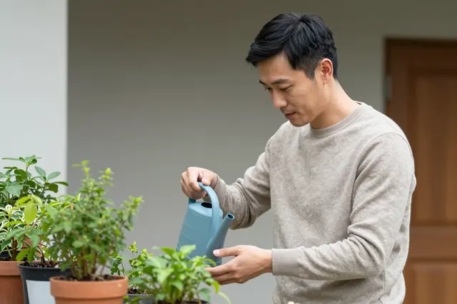 An East Asian man in a light sweater waters potted houseplants with a blue watering can on a home front stoop.