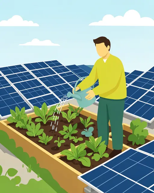 A faceless man uses a watering can to tend raised garden beds surrounded by rooftop solar panels under a bright sky.