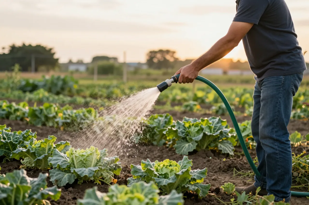 A side view of an adult man watering leafy vegetable crops with a garden hose during golden hour sunset