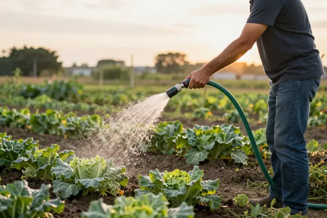 A side view of an adult man watering leafy vegetable crops with a garden hose during golden hour sunset