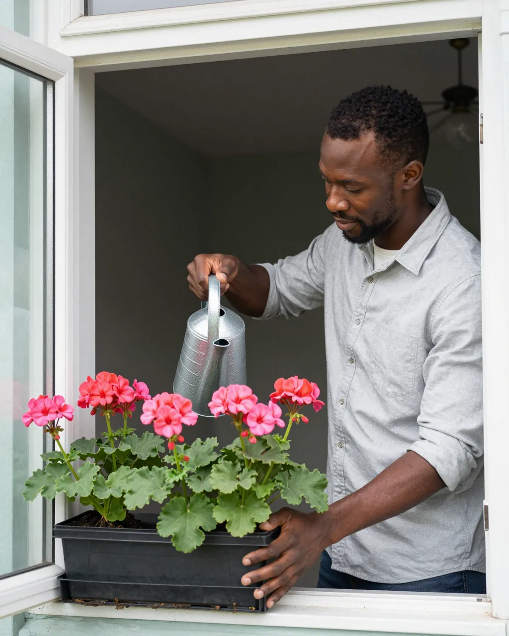 A Black man in a gray shirt waters pink geraniums in a window box from an open interior window with a metal watering can.