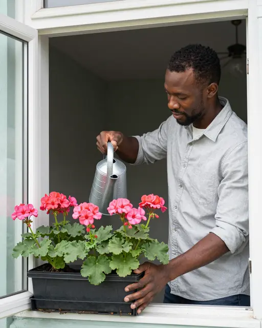 A Black man in a gray shirt waters pink geraniums in a window box from an open interior window with a metal watering can.