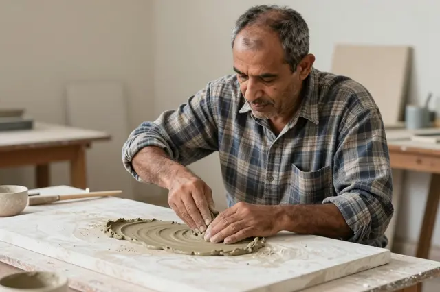 Middle Eastern man in his fifties shaping clay on a plaster slab in a craft studio